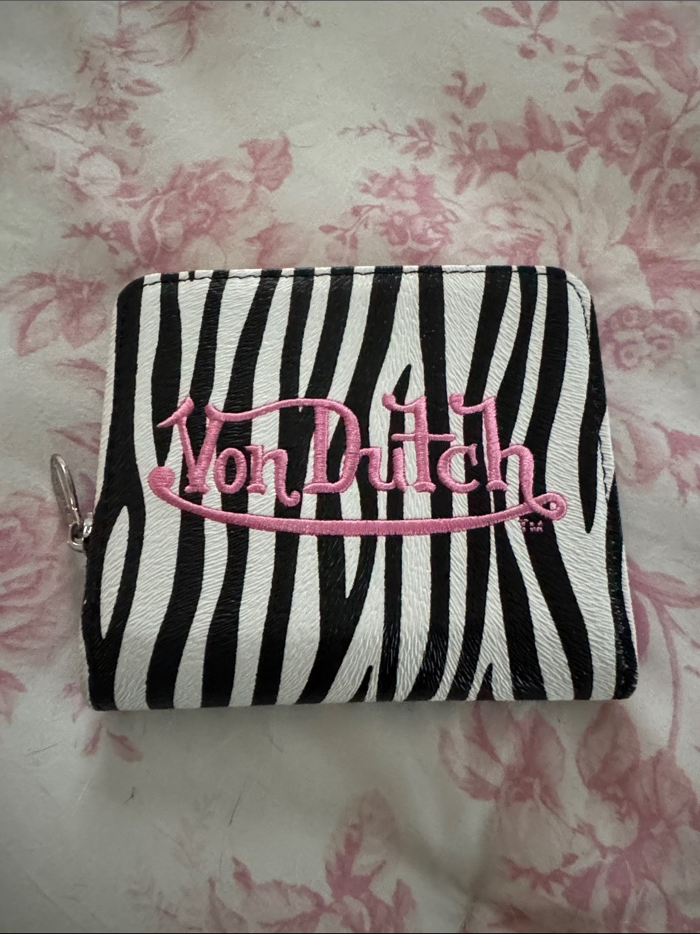 Von Dutch Zebra-Print Zip Wallet in Black, White & Pink Embroidered Logo.